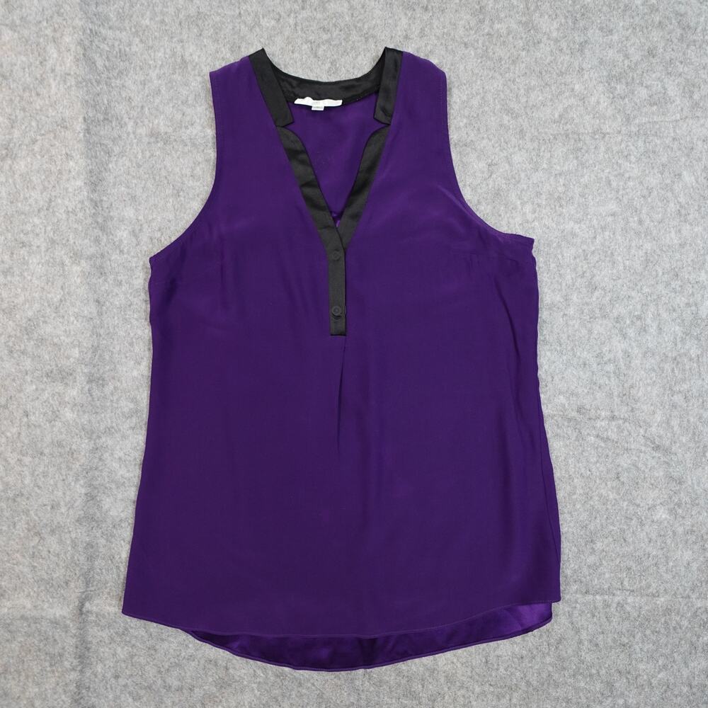 Drew Top Womens Medium Silk Tank Purple Black‎ V-Neck Sleeveless Satin